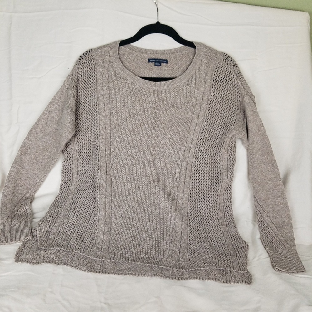American Eagle Sweater Womens Small Taupe Cable Open Knit Pullover lacy light
